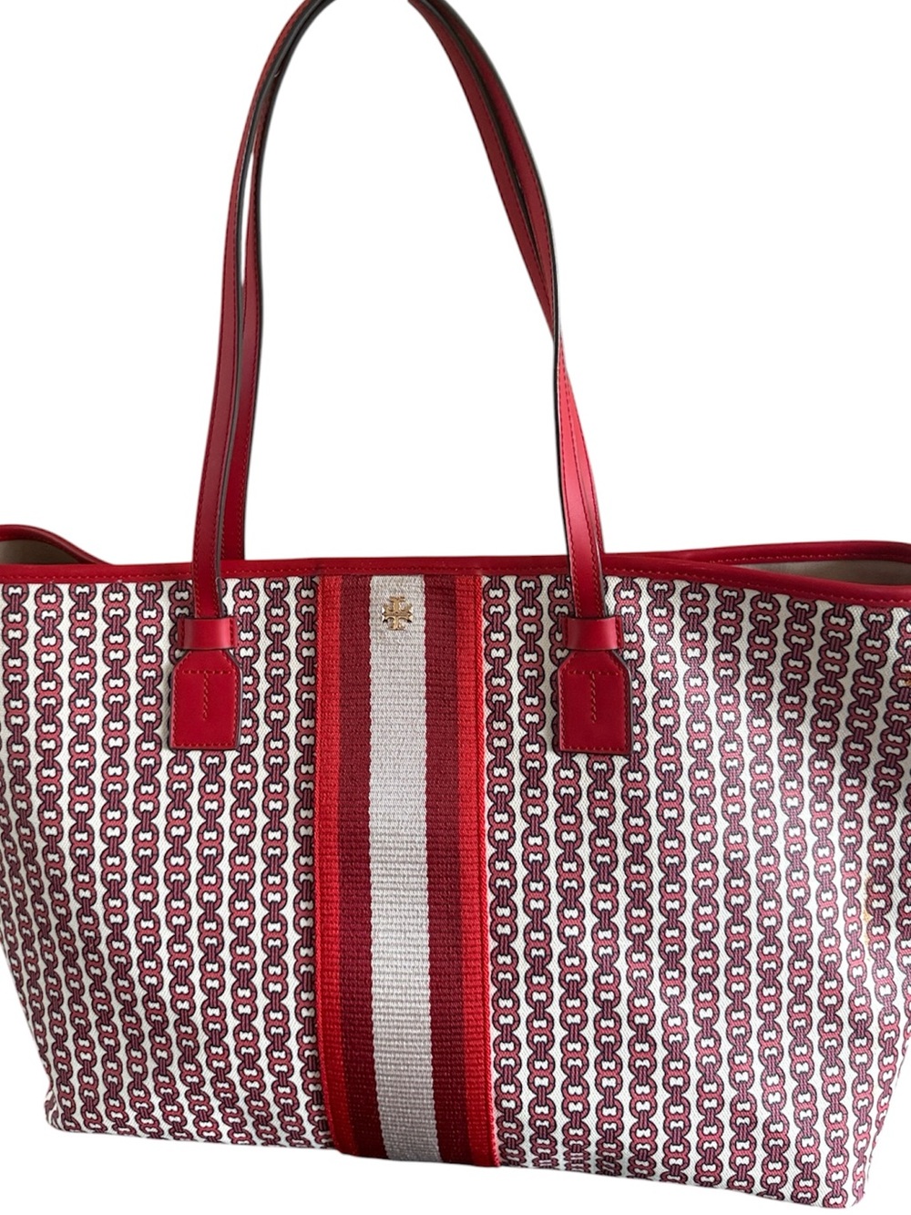 Tory Burch Gemini Link Canvas Tote Bag Red White Striped Like New